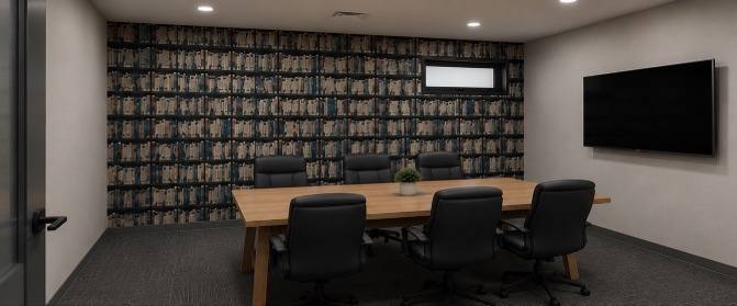 Conference room with a timber table, black leather chairs, a library wall and a wall-mounted screen