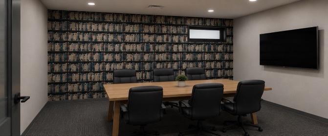 Conference room with a timber table, black leather chairs, a library wall and a wall-mounted screen