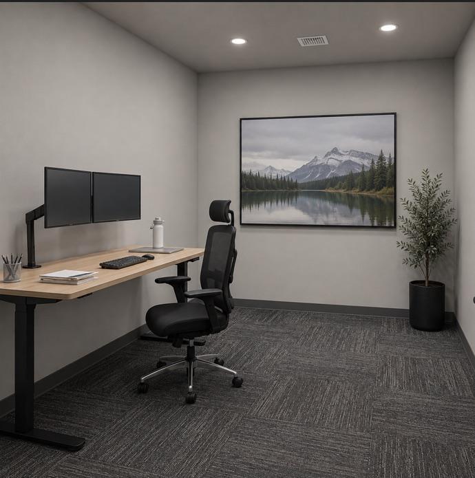 Furnished private office with a sit-stand desk, dual monitors, ergonomic chair and mountain artwork