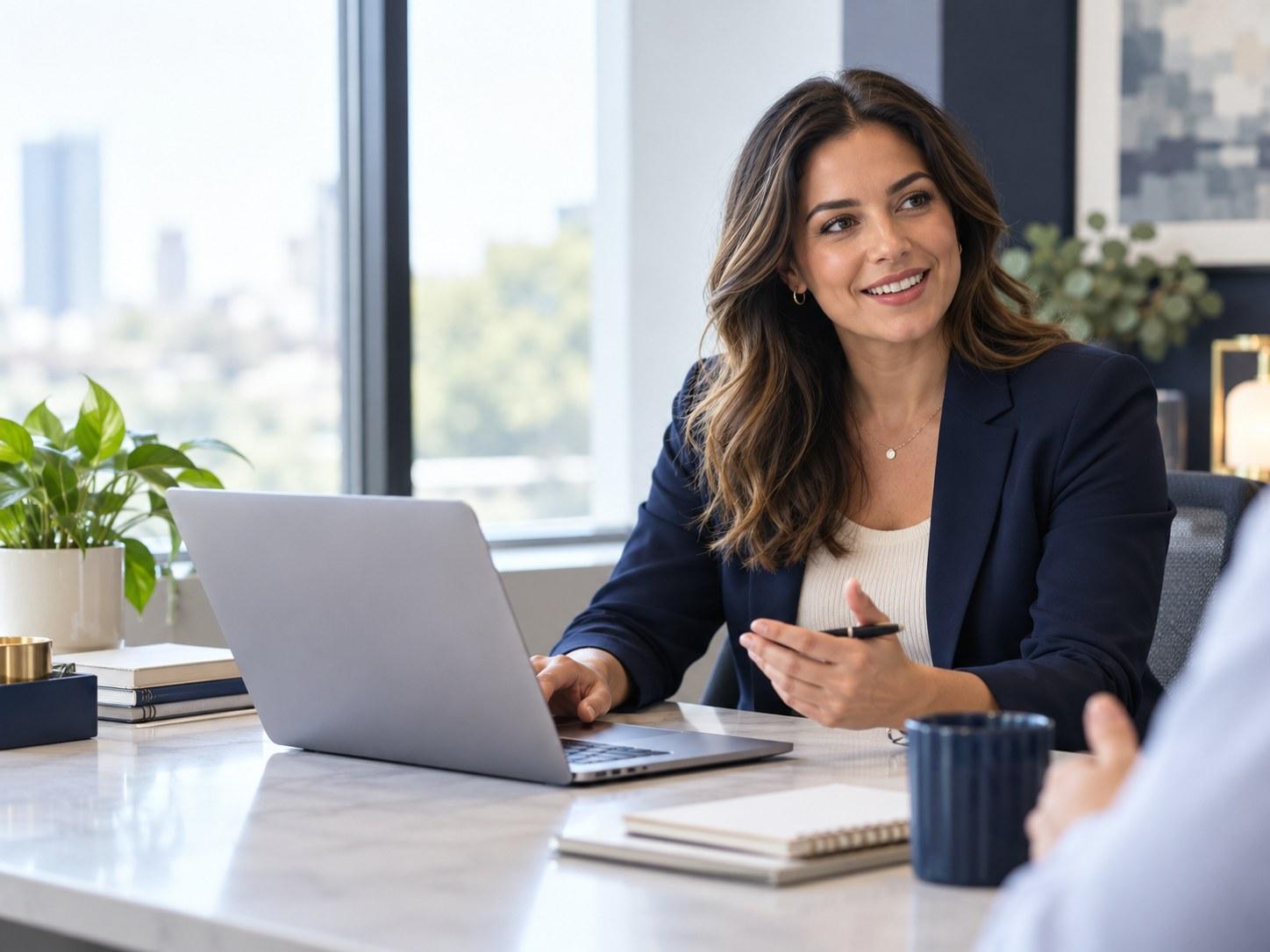 Executive assistant discussing work at her desk