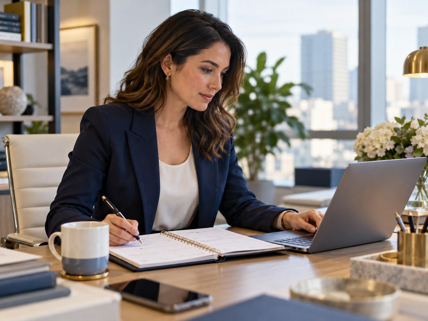 Executive assistant reviewing a schedule while working at a laptop
