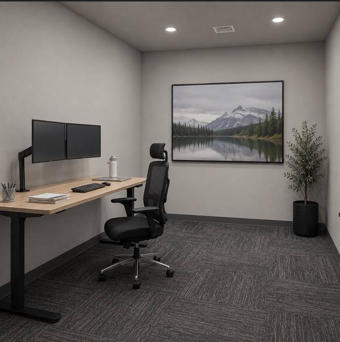 Furnished private office with a sit-stand desk, dual monitors, ergonomic chair and mountain artwork